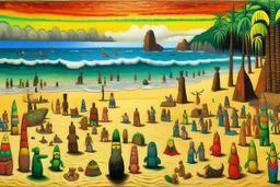 A beach filled with tikis painted by George Seurat