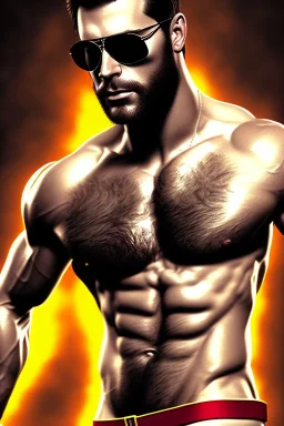 Ignore NSFW, teenager young rugged attractive slightly muscular fantastic handsome man, red briefs with yellow belt, hairy chest, (((visibly pisssing))) briefs, large erect visible boner peniss, photorealistic, artist Jay Anacleto, soft lighting, scruffy beard