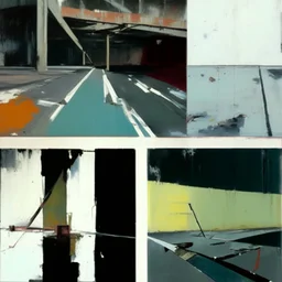 Minimal abstract oil paintings desolate 1960s carpark concrete fragments and naked bodies. style of Justin Mortimer and Francis Bacon. road markings.