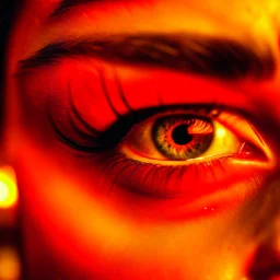 a woman's eye reflecting candlelight, warm orange/red colours, sadness, photo quality