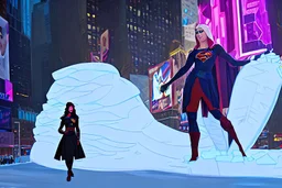 Supergirl building a giant snowman in Times Square.