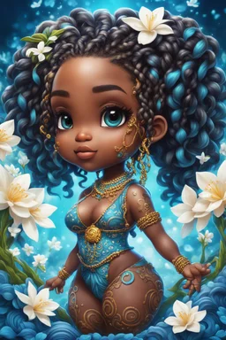 vibrant CYMATICS style art with airbrush, 4k, cartoon art image of a chibi Caribbean curvy female looking to the side with a Senegalese twists , prominent makeup with hazel eyes, highly detailed hair, background of AZURE and white jasmine flowers surrounding her , fantasy