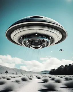 Design a retro futuristic, UFO hovering in a clear blue daytime, photorealism, surrealism, black and white photography, analog film, highly detailed