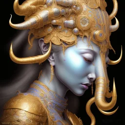 Sango fantasy, fantasy magic, intricate, sharp focus, illustration, highly detailed, digital painting, concept art, matte, art germ and Paul Lewin and Kehinde Wiley, masterpiece silver elephant head bronze Buddha Asian African girl nice breast Hawaiian hair turquoise golden waves