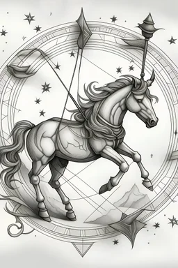 zodiac sign "Sagittarius" drawn in pencil in shades of gray against the sky