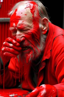 red paint eating dirty man