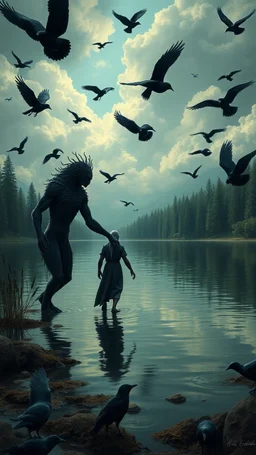 Bosch painting style nightmare , 3D , 2 creatures hand in hand by the lake from distant view surrounded by black birds, high Quality picture , 8k