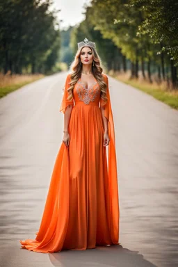 very beautiful ukrain lady wearing orange pretty maxi flared dress with hair silver crown ,standing idle pose