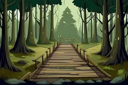 Cartoon style dark Forest with trees, muddy footprints in the wooden bridge.