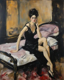 painting of a woman sitting on a bed, inspired by Giovanni Boldini, art style by B Eugene Ellison, Heather, art brut, Dystopian contemporary art