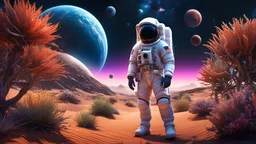 Expressively detailed and intricate 3d rendering of a hyperrealistic: Astronaut explores space being desert planet. Astronaut space suit performing extra cosmic activity space against stars and planets background. cyberpunk plants and flowers, neon, vines, flying insect, front view, dripping colorful paint, tribalism, gothic, shamanism, cosmic fractals, dystopian, dendritic, artstation: award-winning: professional portrait: atmospheric: commanding: fantastical: clarity: 16k: ultra quality: