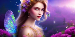 bright fairy, beautiful portrait, flowery landscape