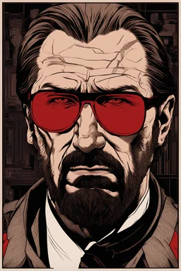 a menacing, intimidating Hans Gruber wearing red-tinted glasses