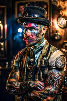 portrait photo of steampunk spaceman with tattoo of a human, scary tattooist in high end parlor, smoke, mist, lightrays, depth of field, photography