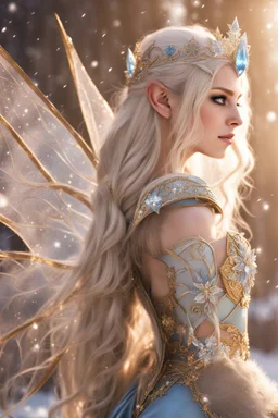 Elven princess,elven crown,long white blonde golden hair,rapunzel hair,ice flowers,beautiful,light blue,dark blue,golden armor,sparkle,glitter,ice flowers,snow,elven ears,dark fairy princess