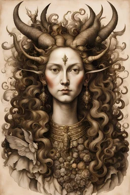 a Flemish Renaissance era ink wash and watercolor illustration of an otherworldly, richly adorned, demoness , highly detailed hair and facial features, in the style of Pieter Brueghel, Jan van Eyck, Quentin Matsys, and Hieronymus Bosch, aged canvas, antique craquelure finish, archaic museum quality masterpiece, 4k