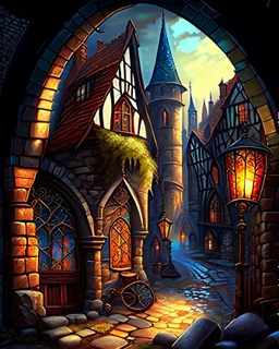 medieval fantasy cobblestone town with stained glass window buildings fairytale rpg art