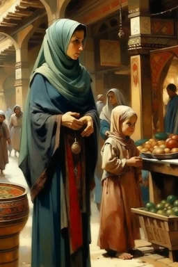 oriental arabic woman with child standing in market looking at a table painting neoclassism