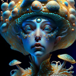 Beautiful rococo mushroom fairy, detailed eyes, realistic features, hq, fungi, celestial, moon, galaxy, stars, by Salvador Dalí, giger, Hieronymus Bosch, victo ngai, fungi, celestial, Ryan Hewett Modifiers: digital painting fantasy studio lighting 8k very attractive beautiful close up hyperrealistic 4K 3D crisp quality cinematic postprocessing Michelangelo Van Gogh Alphonse Mucha Iridescent black ink