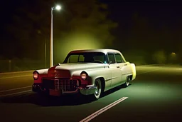 Coche Cadilac americano en mitad de la noche tan sólo iluminado por una farola y los faros del coche, imagen al estilo del fotógrafo Hugo Alonso