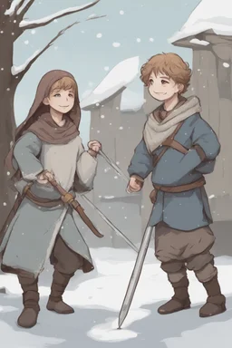 DnD style, two medieval peasant kids playing in the snow male and female, age 14 and 15, happy and playful, he has a short sword.