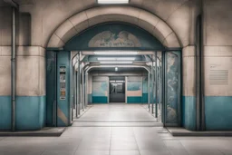 a metro station in pastel concrete, its ground is in metal. There is a Gothic mural on the wall. This traveler is alone and seems so small