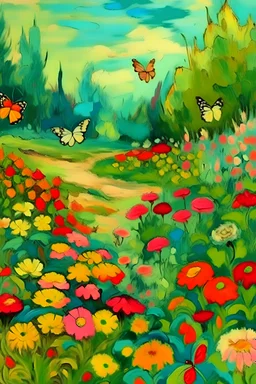 paisaje con muchas flores y mariposas estilo van Gogh