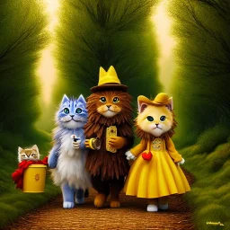 cute fluffy lion and scarecrow and tin-man and kitten on a journey into the woods walking on a yellow brick road, cute adorable pop surrealism, lowbrow art, realistic, street fashion, fluffy , pixar style, hyperrealism, christmas colors, rococo, by "NewAgerJul", Pixar, Disney, concept art, 3d digital art, Maya 3D, ZBrush Central 3D shading, bright colored background, radial gradient background, cinematic, Reimagined by industrial light and magic, 4k resolution post processing 8k resolution holog