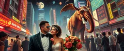 late night cyber punk city wedding couples promenade portrait of a bear ant eater squid elephant horse dragon floating in 4 dimensions, goa trance movie poster, stylized art, weird endless plants in the style of Dali and Rembrandt