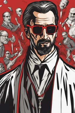 strange priest wearing sunglasses who looks like Hans Gruber red comic book style