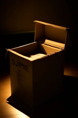 A clawed hand emerging from the top flaps of a cardboard box, the word "surprise" handwritten on the front surface. The box is in a darkened storeroom with a single light source from an ajar door.