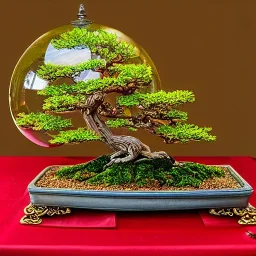 large glass globe with ultra-fine detailed bonsai tree on a red and gold tablecloth, beautiful, peaceful, gorgeous, flickering light, ornate, 8k, high-quality, fine-detail, intricate, digital art, brian froud, howard lyon, selina french, anna dittmann, annie stokes, Greg Rutowski