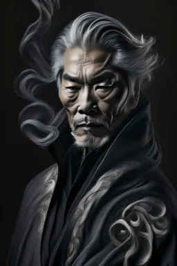 a photo of an Asian man with ethnic jewelry, grey hair and grey flowing robe, in style of Annie Leibovitz, contemporary portrait of a mature yet beautiful and modernist man, black and grey, detailed masculine face, swirling fluid smokey enigma, award-winning artwork