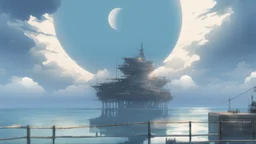 giant half transparent moon, glitchy, blurry, mechanical, sci-fi, maximum quality, centered on frame, far view, seasidel, white sky with cumulonimbus, anime, makoto shinkai style, japanese pier, rusty, decrepit, foggy