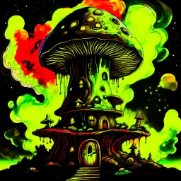 A fantabulous black, yellow, and green (((mushroom tower house))) erected atop a (geologic pillar), surrounded by the uncanny imaginative ((( swirling skies))), offset by the stark hues of a (neon-tinged nebulous space scape), within. captured by the hand a skilled master painter with a focus on (softly blurred compositions and voluminous lighting).