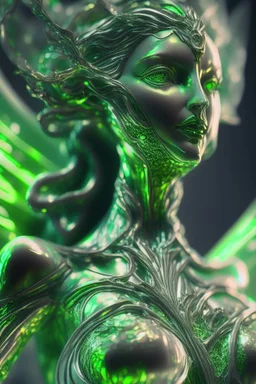 transparent olivine beauty queen Seraph, in green fire chrome casino, high detail, 8k, cinematic, depth of field, art