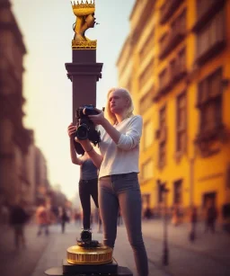 Statue of Queen of photography. Cute blonde woman. Photographer in golden crown. Standing on the street. Big camera in her hand. hyperdetailed, photorealistic, trending on artstation, greg rutkowski, beksinski, kodachrome, lomography, golden hour, bokeh, volumetric light