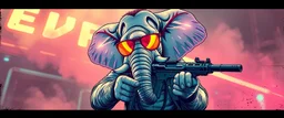cute pen outline with some neon airbrush, let create a crazy wild elephant mind flawyer man holding guns and doing dangerous stuff - dynamic camera push-in revealing intricate details in motion. Epic cinematic wide-angle camera swoops down, hazy neon background with gritty border