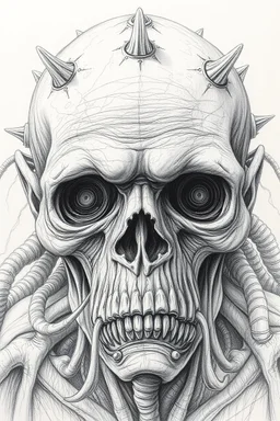 The face of and old men king, a thin line draw ، front view camera, decayed and rotting with grotesque proportions and imagery. surreal horror, biomechanical design, by hr giger and beksinski , fine lines draw