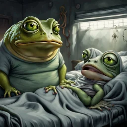 big fat large sad, yellow-green frog wearing a t-shirt, standing in an old, dilapidated room next to a bed. In the bed lies a pale gray, ancient and wrinkled lizard-medusa-frog mutant creature with two long tentacle arms, a large head, and big half-open black eyes with eyelashes. The blanket partially covers the creature. The frog gazes at the lizard creature, while the background is blurred, adding to the eerie atmosphere. The detailed, realistic rendering