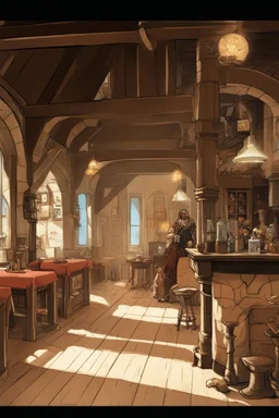 interior of a dnd tavern with people at round tables