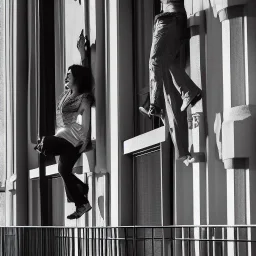 a man and a woman screaming at each other on a balcony, downtown new york, dramatic, dramatic lighting, volumetric lighting, hyperrealism, 8k, high quality, photorealistic, lot of details