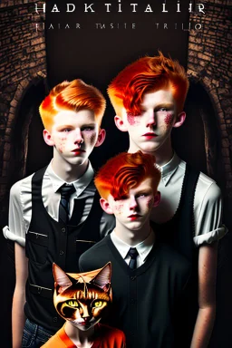 Act like a book cover designer. Use dark style. Grimmy black cat and three teenagers (13-15 years old) - two boys with ginger hair and frickles on their faces and a girl with brown long hair. Environment: old town.