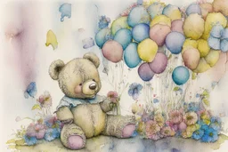 line art, watercolor wash, ( patchwork teddy bear sitting amongst flowers and balloons) brian froud style, carl larsson style, colourful palate, perfect composition, detailed background by daniel_merriamn summers day, studio photo, intricate details, highly detailed highly detailed elegant studio lighting intricate beautiful award winning crisp quality colourful very cute Daniel Merriam Daniel Gerhartz midjourney quality