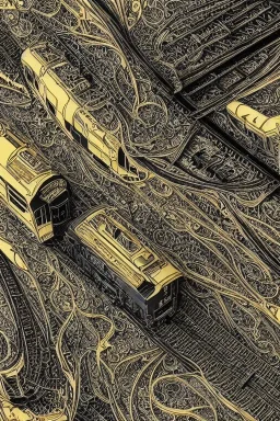 Insanely detailed intricately detailed meticulously detailed hyperdetailed black outline of a train on gold paper, high contrast, beautiful landscape, detailed full-color, nature, HD photography, Josan Gonzalez, Tishk Barzanji, Anne Dittmann, autoCAD