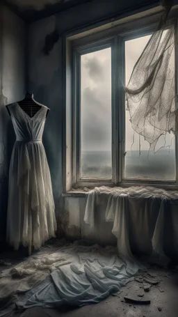 An old dusty wedding dress hanging on the wall by a cloths hanger by a needle of an abandoned room in front of broken glass stormy foggy sky in the background