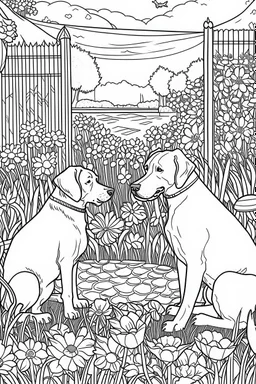 Outline art, dogs in the garden, cartoon style, low detail, --ar 9:11