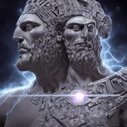 in center is a highly detailed head of a greek colossus surrounded by quantum galaxy codes seeking knowledge, dominating colors = gray light blue, lightning