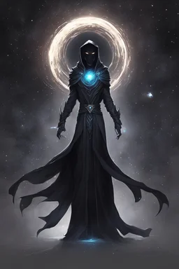 character design, concept art, god of black hole, space void black hole god entity, black void body, glowing eyes, cape of stars, black hole character design