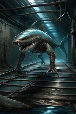 urban humanoid bipedal walking muscular brutish half-shark thresher shark in a sewer digital art